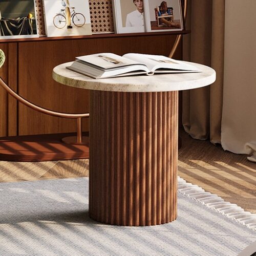 Round Natural Travertine Coffee Table With Fluted walnut Wood Base &side table - Coffee table - QONKA HOME