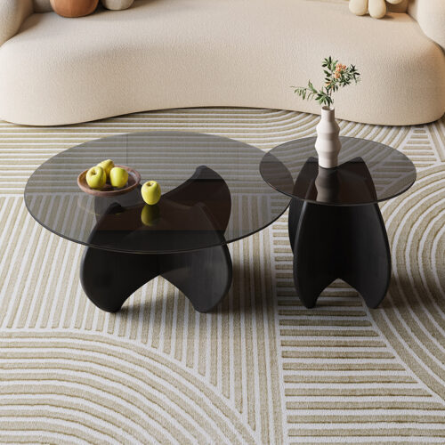 Rubber Wood Base Tempered Smoked Glass Top Multi‑Color Optional Irregular Artistic Leg Round Nesting side Table - Bedsid...