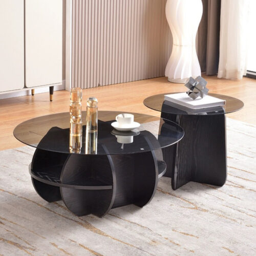 Modern Nested Round Coffee Table Set MDF Base Tempered Glass Top With Storage - Bedside table - QONKA HOME