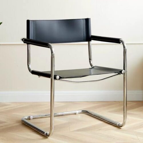 Modern Cantilever Dining Chair Stainless Steel Frame Saddle Leather Upholstered Arm Chair - Dining chair - QONKA HOME