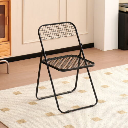 Grid Metal Folding Dining Chair Breathable Iron Mesh Side Chair Portable Stackable Leisure Chair for Balcony Cafe Home - D...