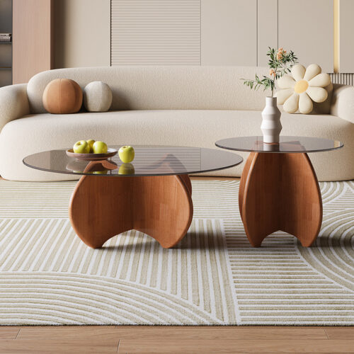 Rubber Wood Base Tempered Smoked Glass Top Multi‑Color Optional Irregular Artistic Leg Round Nesting side Table - Bedsid...