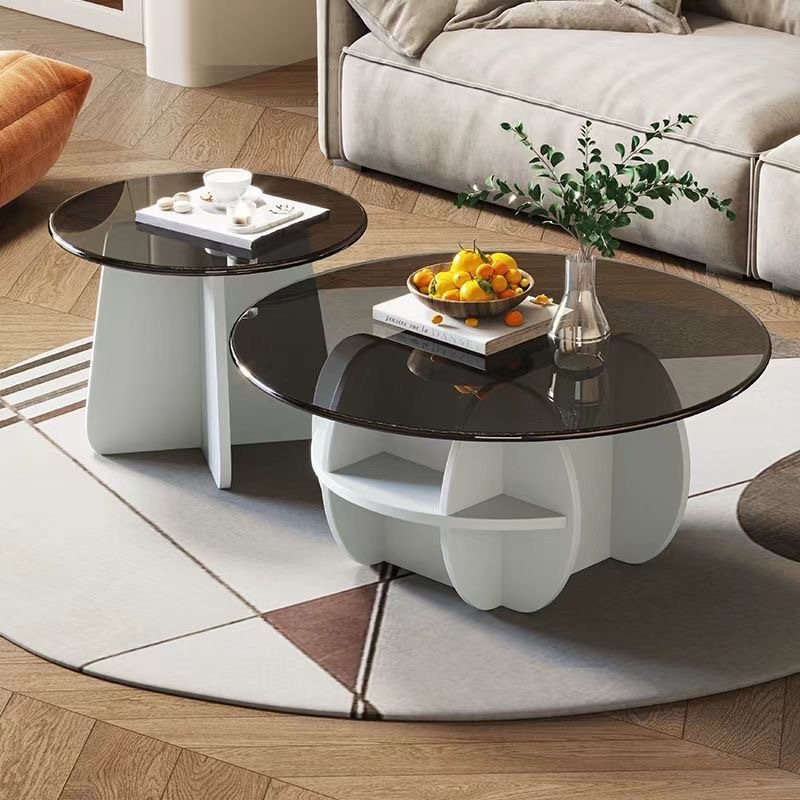 Modern Nested Round Coffee Table Set MDF Base Tempered Glass Top With Storage - Bedside table - QONKA HOME