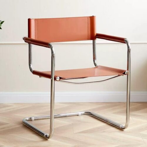 Modern Cantilever Dining Chair Stainless Steel Frame Saddle Leather Upholstered Arm Chair - Dining chair - QONKA HOME