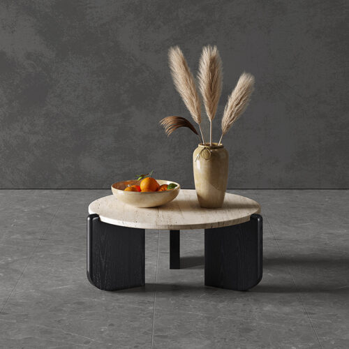 Natural Travertine round Coffee Table & Side Table Set Wabi‑Sabi Solid Wood Leg - Coffee table - QONKA HOME