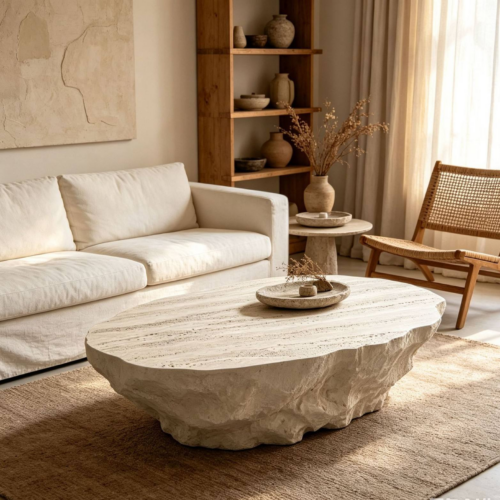 Irregular Faux Travertine Fiberglass Coffee Table Natural Rough Edge - Coffee table - QONKA HOME