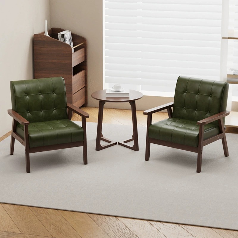 Solid Wood Frame PU Leather Tufted Accent Armchair - Living room furniture - QONKA HOME