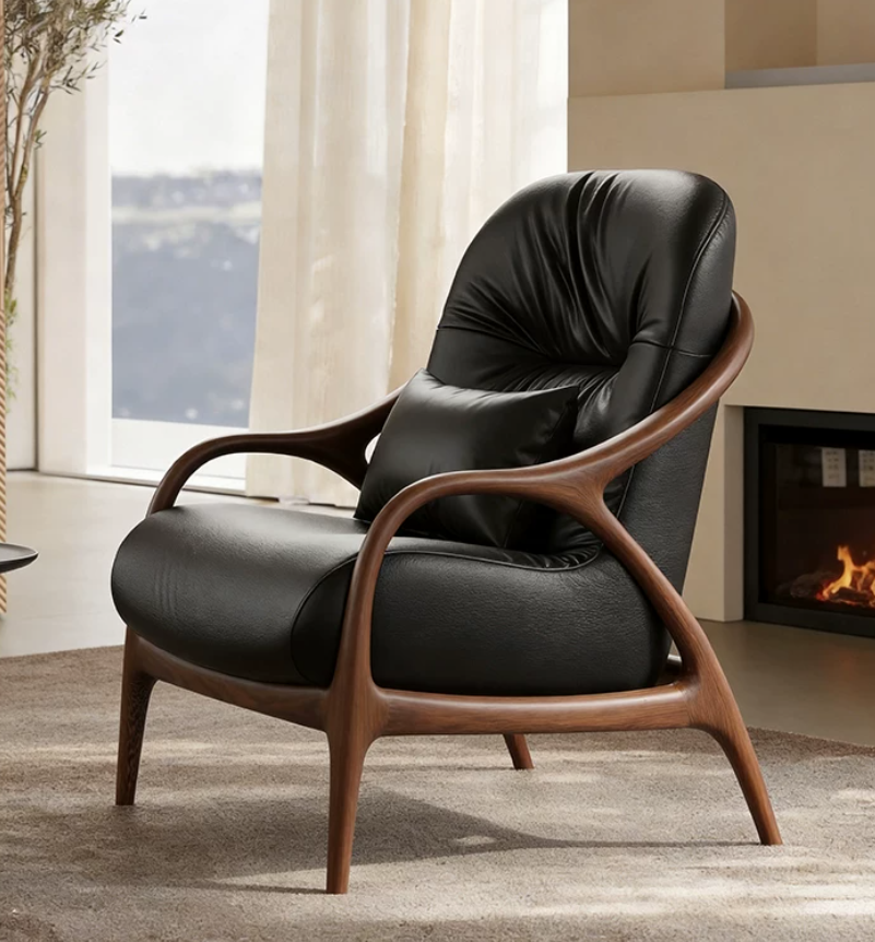 Solid Wood Frame Leather Accent Lounge Chair - Living room furniture - QONKA HOME