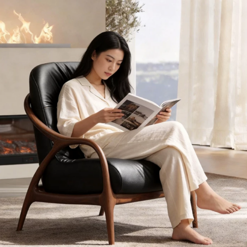 Solid Wood Frame Leather Accent Lounge Chair - Living room furniture - QONKA HOME