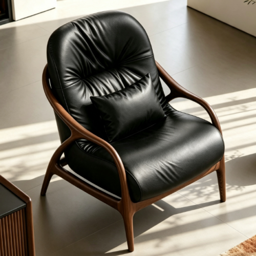 Solid Wood Frame Leather Accent Lounge Chair - Living room furniture - QONKA HOME