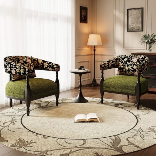 Vintage Floral Print Fabric Accent Chair Solid Wood Frame - Living room furniture - QONKA HOME