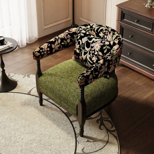 Vintage Floral Print Fabric Accent Chair Solid Wood Frame - Living room furniture - QONKA HOME