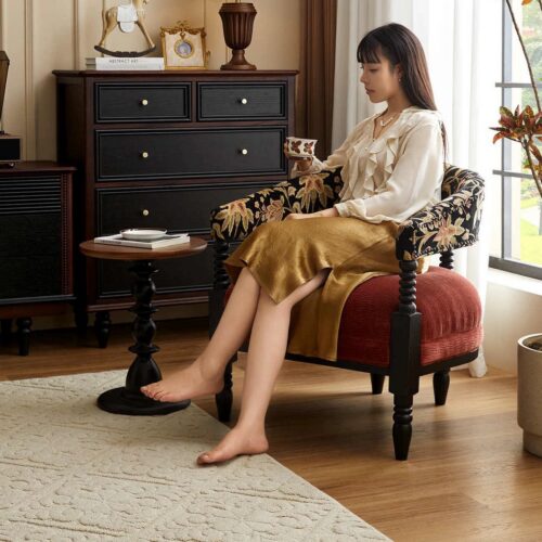 Vintage Floral Print Fabric Accent Chair Solid Wood Frame - Living room furniture - QONKA HOME