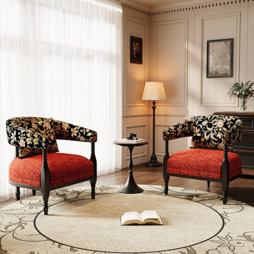 Vintage Floral Print Fabric Accent Chair Solid Wood Frame - Living room furniture - QONKA HOME