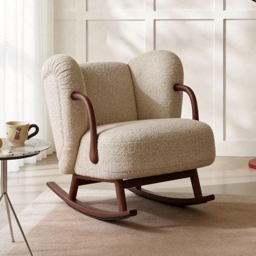 Solid Wood Teddy Fabric Rocking Leisure Armchair - Living room furniture - QONKA HOME