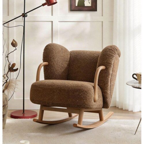 Solid Wood Teddy Fabric Rocking Leisure Armchair - Living room furniture - QONKA HOME