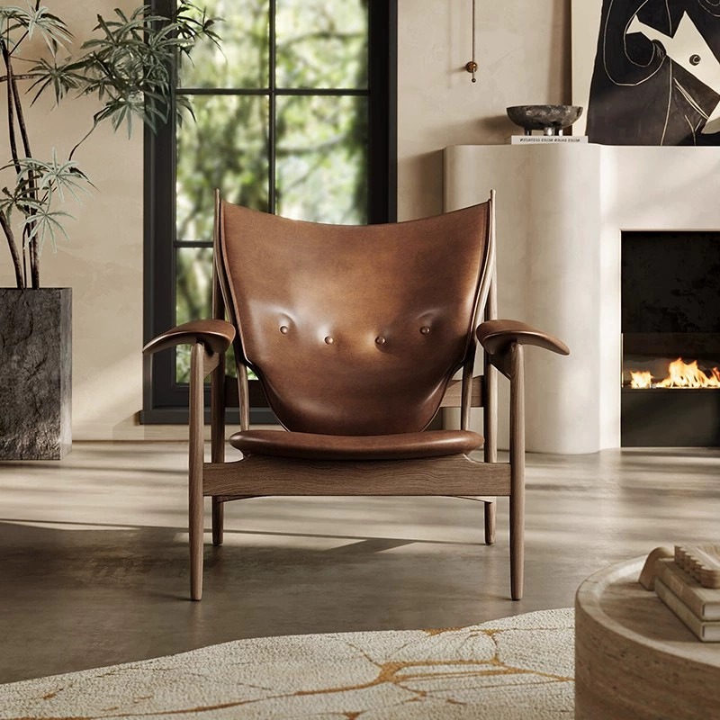 Mid‑Century Solid Wood Genuine Leather Armchair - Living room furniture - QONKA HOME