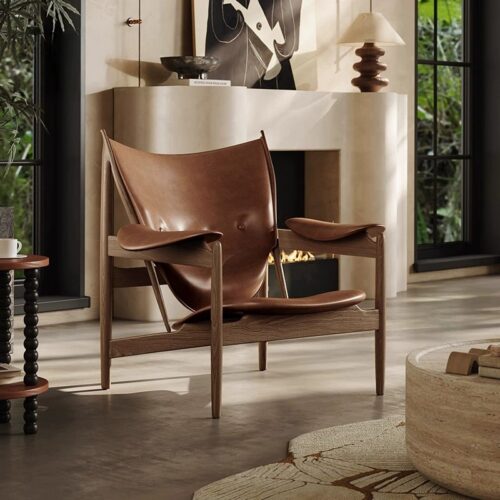 Mid‑Century Solid Wood Genuine Leather Armchair - Living room furniture - QONKA HOME