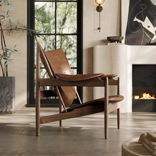 Mid‑Century Solid Wood Genuine Leather Armchair - Living room furniture - QONKA HOME