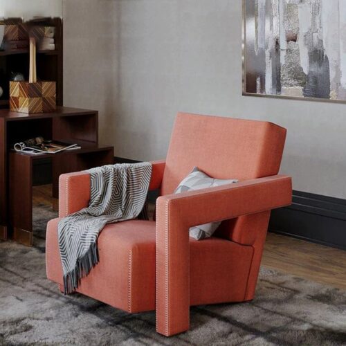 Geometric Block Shape Linen Fabric Accent Armchair - Living room furniture - QONKA HOME