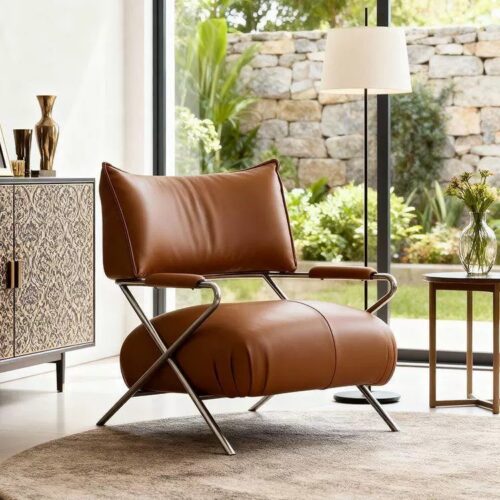 Eco‑leather Stainless Steel Frame Lounge Chair - Living room furniture - QONKA HOME