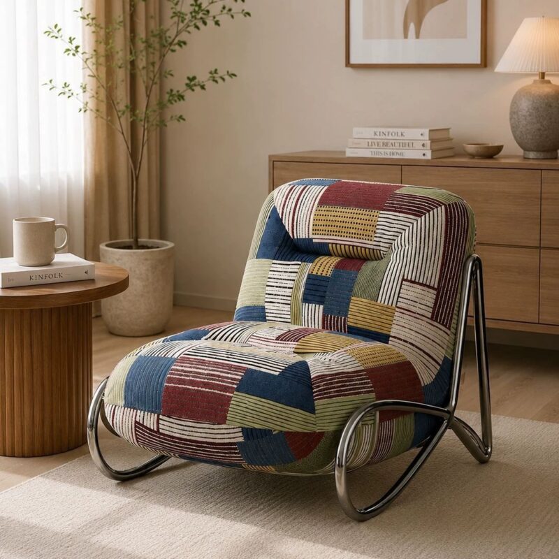 Patchwork Rocking Chair Metal Frame Leisure Accent Chair - Living room furniture - QONKA HOME