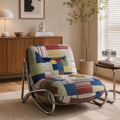 Patchwork Rocking Chair Metal Frame Leisure Accent Chair - Living room furniture - QONKA HOME
