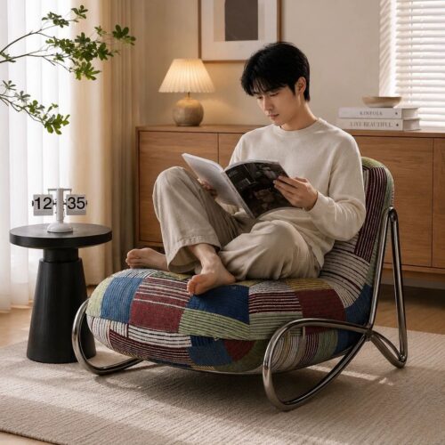 Patchwork Rocking Chair Metal Frame Leisure Accent Chair - Living room furniture - QONKA HOME