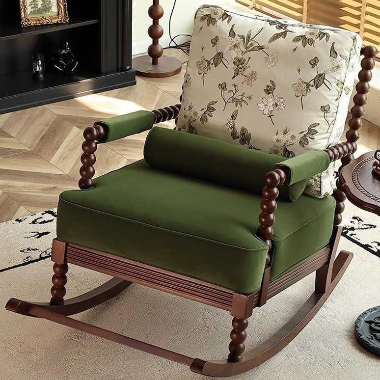 Beaded solid wood rocking chair side view Fuzhou Qiankun Manufacturing Co. Ltd.