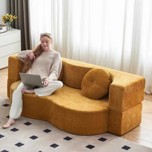 Compressible Curved Woven Fabric Sofa - Living room furniture - QONKA HOME