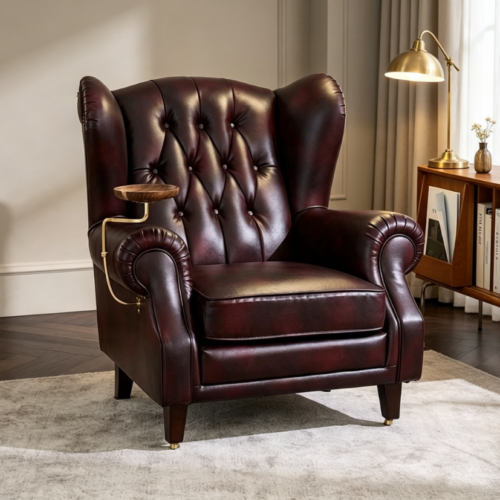 Vintage Wingback Chair With Side Tray - Living room furniture - QONKA HOME