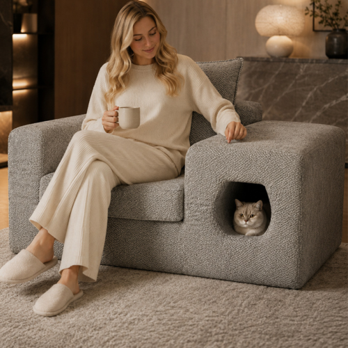 Human‑Pet Shared Sofa With Built‑in Cat Hideout - Living room furniture - QONKA HOME