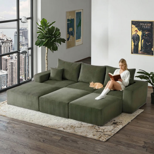 Vacuum Compressed Corduroy All‑Foam Modular Sofa - Living room furniture - QONKA HOME