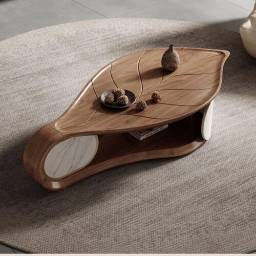 Artistic Leaf‑Shaped Wooden Coffee Table - Coffee table - QONKA HOME