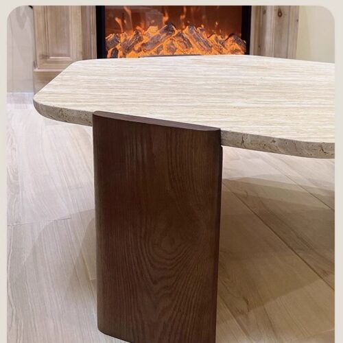 Hexagonal Natural Travertine Coffee Table Solid Wood Leg Wabi‑Sabi - Coffee table - QONKA HOME