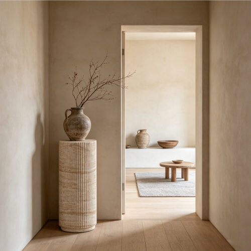 Round Coffee Table & Roman Column Side End Table With Faux Travertine Texture - Coffee table - QONKA HOME