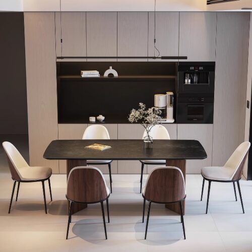 Rectangular Dining Table Sintered Stone Tabletop Solid Wood Double Trestle Base Modern Minimalist Dining Table for Home - ...