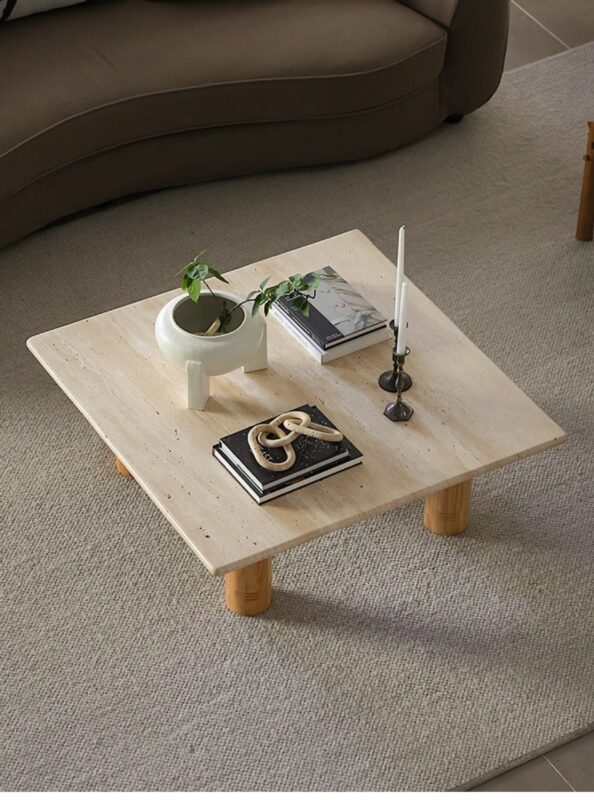 Natural Travertine Top Solid Wood Leg Coffee Table Rectangular Real Stone Center Table - Coffee table - QONKA HOME