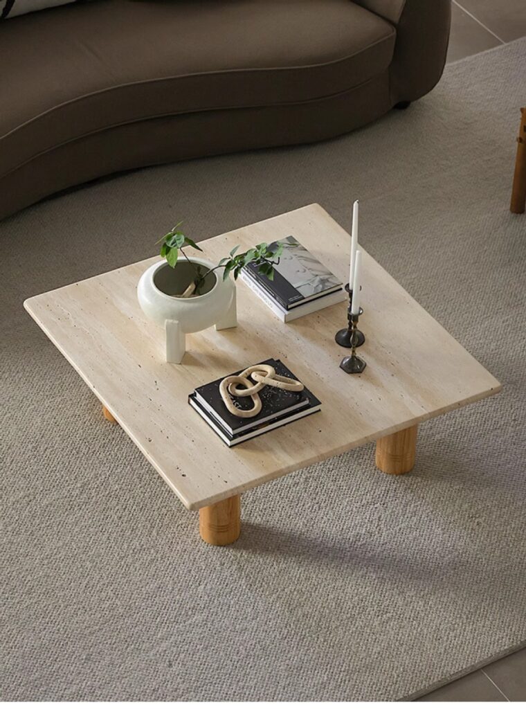 Natural Travertine Top Solid Wood Leg Coffee Table Rectangular Real Stone Center Table - Coffee table - QONKA HOME