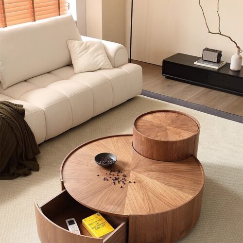 Round Nesting Coffee Table Set walnut Wood Veneer Coffee Table with Drawer - Coffee table - QONKA HOME