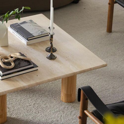 Natural Travertine Top Solid Wood Leg Coffee Table Rectangular Real Stone Center Table - Coffee table - QONKA HOME