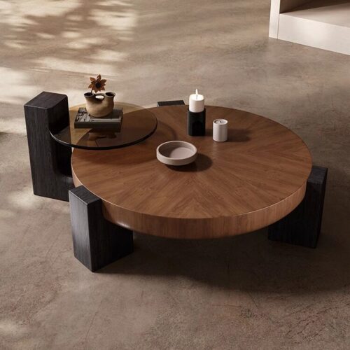 Dark Walnut Round Center Table with Tempered Glass Side Table - Coffee table - QONKA HOME