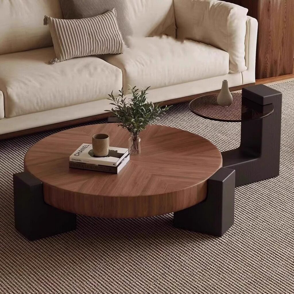 Dark Walnut Round Center Table with Tempered Glass Side Table - Coffee table - QONKA HOME