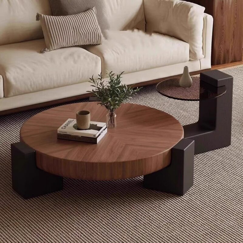 Dark Walnut Round Center Table with Tempered Glass Side Table - Coffee table - QONKA HOME