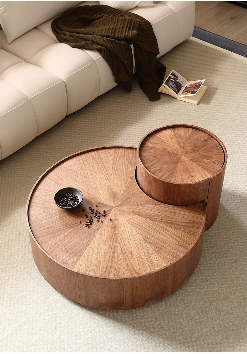 Round nesting coffee table set with walnut veneer and storage drawer from QONKA HOME