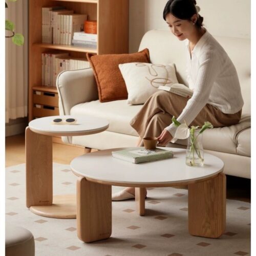Nordic Style Oak Solid Wood & Sintered Stone Coffee Table Set, Rectangle & Round Available - Bedside table - QON...