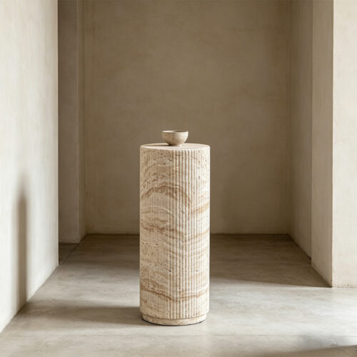Round Coffee Table & Roman Column Side End Table With Faux Travertine Texture - Coffee table - QONKA HOME