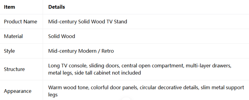 Mid-century solid wood TV stand with sliding doors and metal legs.
