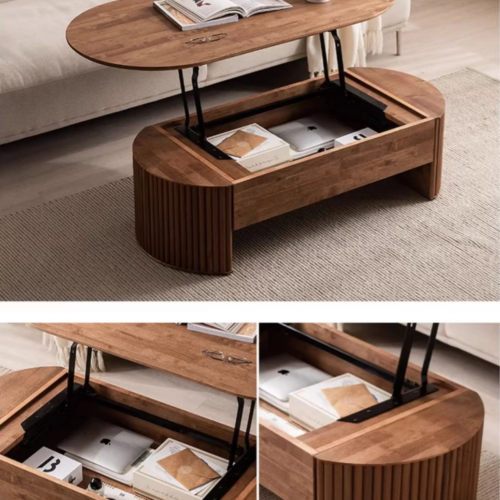 Lift Top Oval Wooden Coffee Table With Storage Space, Fluted Design Living Room Center Table - Coffee table - QONKA HOME