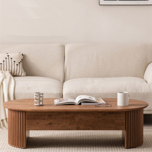 Lift Top Oval Wooden Coffee Table With Storage Space, Fluted Design Living Room Center Table - Coffee table - QONKA HOME